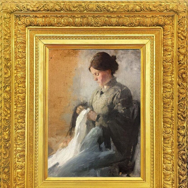 ЛОТ 59:Серов Валентин Александрович (1865-1911)За шитьём.1896 г. Картон, масло. 47 х 36,8 смЭКСПЕРТНОЕ ЗАКЛЮЧЕНИЕ: ВХНРЦ им. академика И. Э. Грабаря (эксперт Киселева А.Р.), ГТГ (эксперт Гладкова Л.И., Мельчук О.Е.) | Источник: ООО «ПАД»