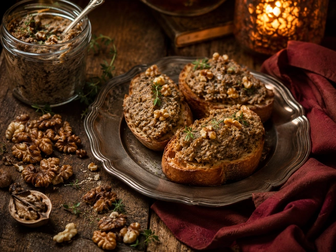 Орехи придают грибному паштету мягкую текстуру и глубину вкуса | Источник: GPT 