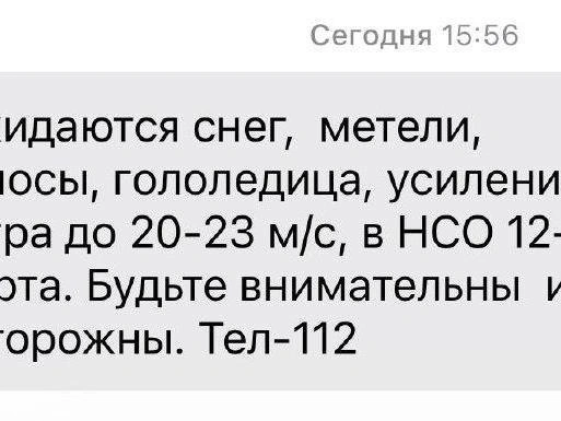 Экстренное SMS-сообщение от МЧС, предупреждающее о надвигающейся непогоде. | Источник: МЧС по Новосибирской области 