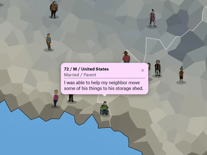 «Мужчина, 72. Помог соседу перенести вещи в сарай». Посмотрите на карту счастья десяти тысяч людей — она вдохновляет