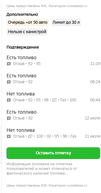 Информация о наличии топлива&nbsp;— со слов приезжающих | Источник: 2gis.ru