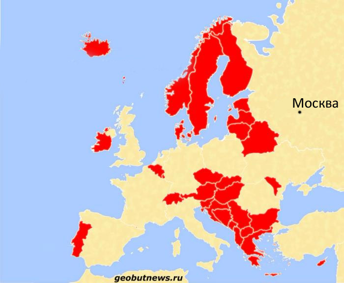 Карта стран Европы с населением меньшим, чем Москва