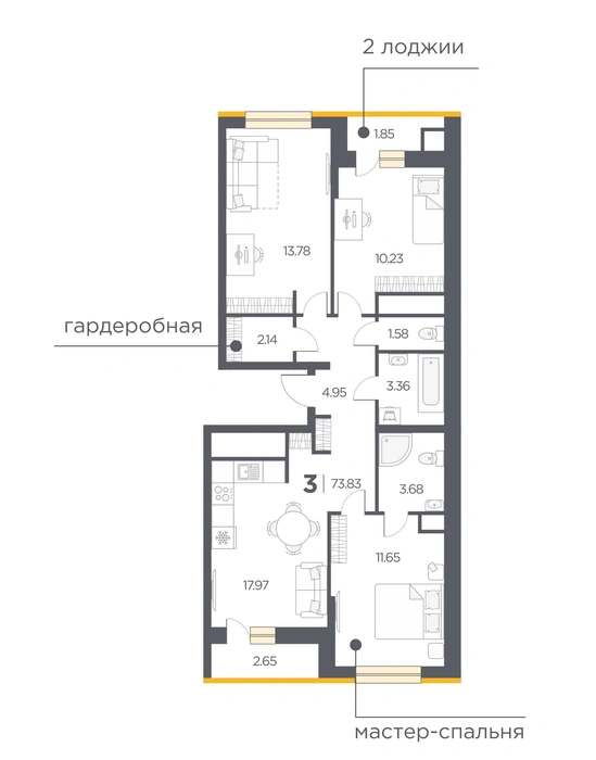 Для тех, кому хочется больше места, подойдут просторные семейные апартаменты с двумя лоджиями | Источник: ЖК «Новые горизонты»