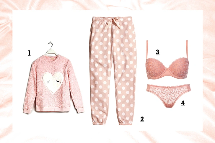 1. Свитшот, Oysho, 1 799 руб. 2. Штаны, H&M. 3. Бюстгальтер, Incanto. 4. Трусы, Incanto