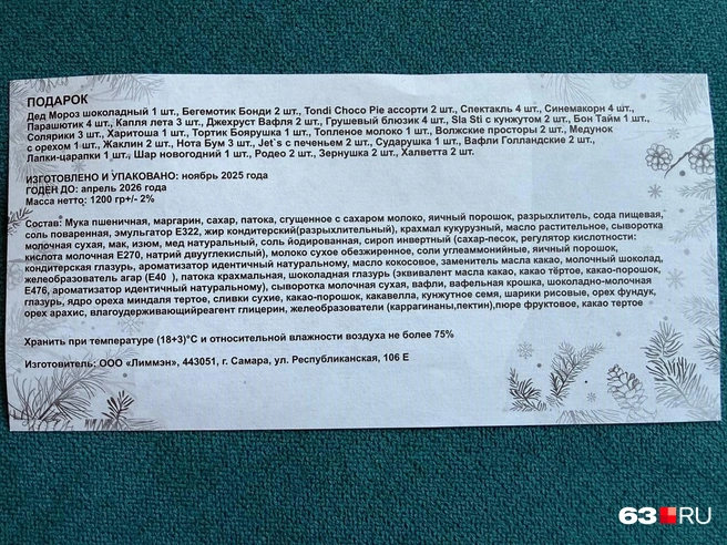 Полная информация о составе подарка, изготовителе, наименованиях и количестве сладостей каждого вида | Источник: Ксения Штефан