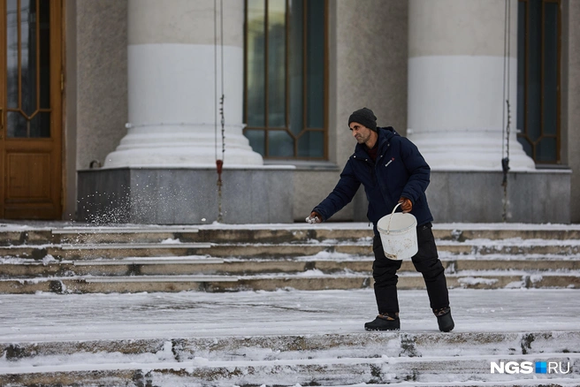 Дороги Новосибирска посыпают противогололедными реагентами  | Источник: Александр Ощепков / NGS.RU