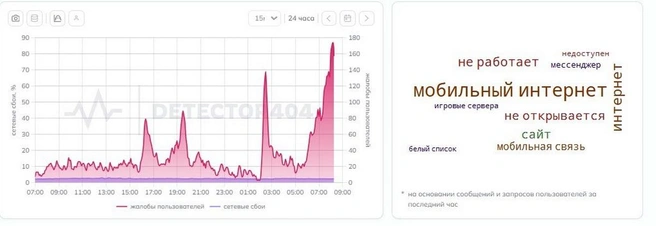 Ресурс зафиксировал более 500 жалоб за последний час, за сутки — более трёх тысяч. | Источник: detector404.ru