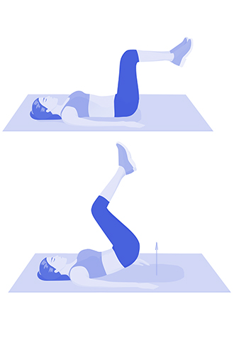 Обратные скручиванияПрорисовываем мышцы нижней части пресса. Лягте на спину, согните ноги в коленях под прямым углом, руки вытяните вдоль туловища. Напрягите мышцы внизу живота так, чтобы без помощи рук или туловища приподнять бедра вверх. Задержитесь, затем вернитесь в исходное положение.