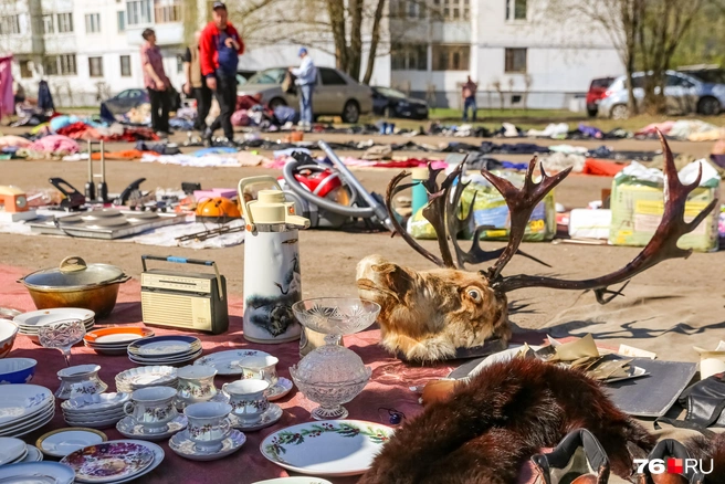 На одном покрывале может находиться голова оленя и красивый фарфоровый набор | Источник: Кирилл Поверинов / 76.RU