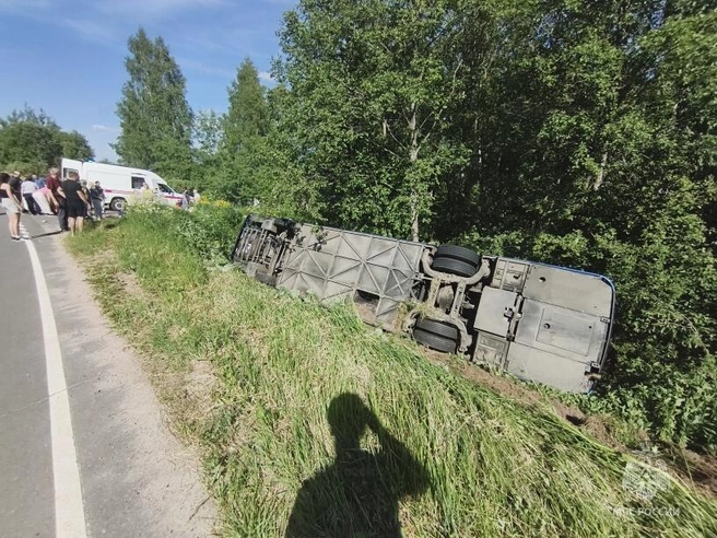 Автобус с пассажирами перевернулся в Угличском округе у деревни Сверчково | Источник: МЧС России по Ярославской области
