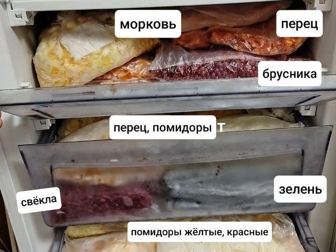 А это морозильная камера вегетарианки со стажем 17 лет. Здесь представлено разнообразие овощей и даже грибы. | Источник: читатель 72.RU