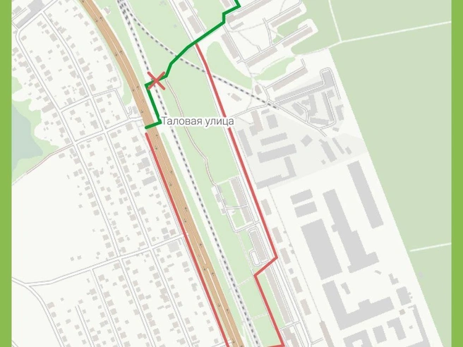 На карте красным обозначен объездной путь, а зеленым — прежний маршрут | Источник: Юрий Орлов / NGS.RU