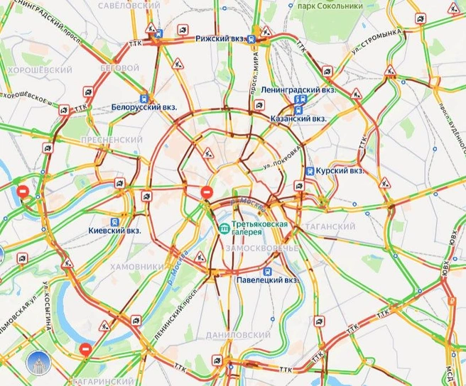 Москва встала в девятибалльные пробки | Источник: Яндекс Карты