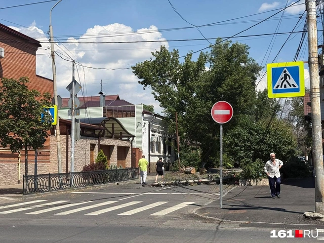 Пересечение Налбандяна и 20-й Линии, дерево повалило два столба (второй виднеется вдалеке) | Источник: Марина Рыбалкина / 161.RU