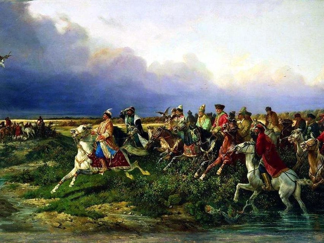 Николай Сверчков. Царь Алексей Михайлович с боярами на соколиной охоте близ Москвы. 1873 | Источник: Wikimedia Commons