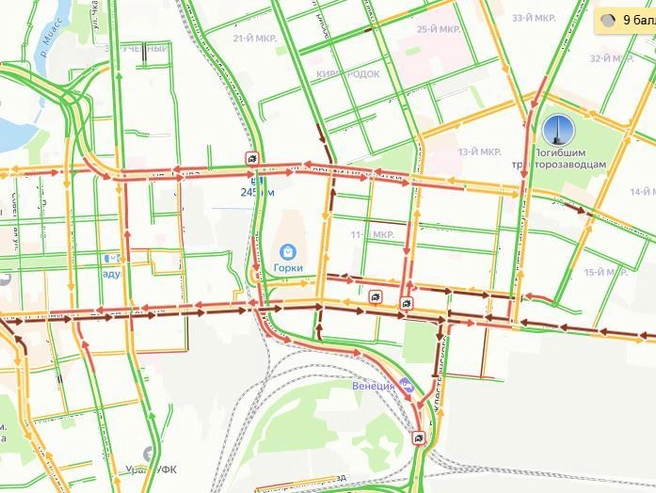 Карта дорог окрасила центр города в красный цвет | Источник: 74.ru / maps-traffic