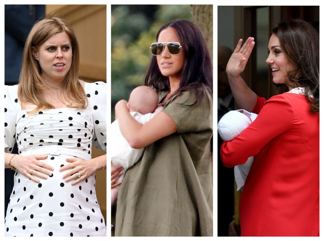 Принцесса Беатрис в ожидании первого ребенка, 8 июля 2021; герцогиня Меган с новорожденным Арчи, 10 июля 2019; герцогиня Кэтрин покидает родильное отделение с новорожденным принцем Луи, 23 апреля 2018 | marieclaire.ru