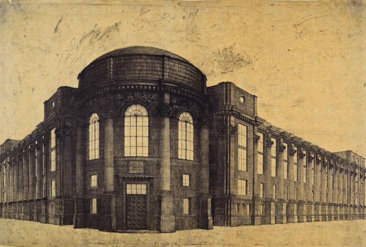 Л. А. Веснин, В. А. Веснин, А. А. Веснин. Конкурсный проект фасада здания Училища живописи, ваяния и зодчества на Мясницкой улице в Москве. Девиз «Школа искусств» (1-я премия). Перспектива. 1910. Калька, карандаш. | Источник: архив пресс-службы