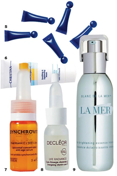 5. Средство для восстановления сияния кожи Midnight Star, GUERLAIN; 6. Успокаивающая маска с осветляющим эффектом FluorOxygen + C, CHRISTINA; 7. Антивозрастная сыворотка Synchrovit C, SYNCHROLINE; 8. Программа для сияния кожи Life Radiance, DECLEOR; 9. Интенсивная антивозрастная эссенция Blanc de la Mer, LA MER | Источник: Глеб Кордовский, Николай Гулаков
