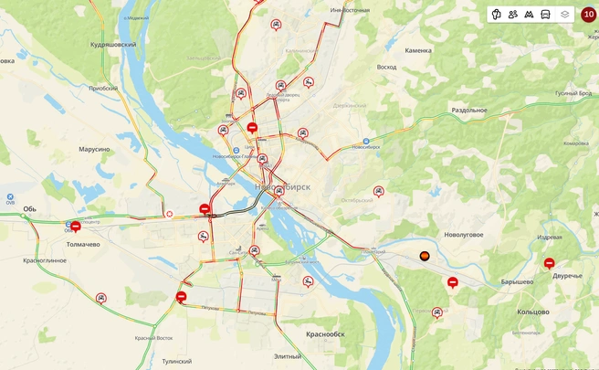 Дороги на карте окрасились в красный цвет  | Источник: 2ГИС