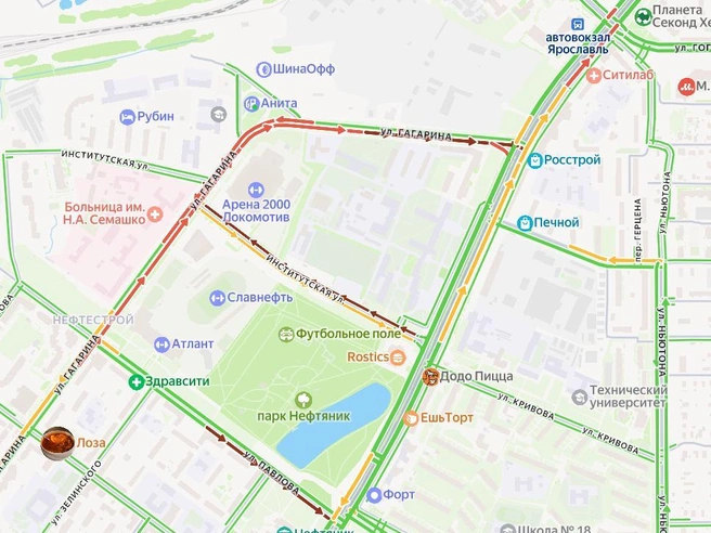 Пробки у «Арены-2000» | Источник: Яндекс. Карты