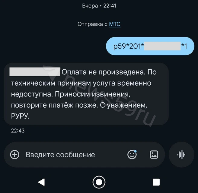 Пермяк попытался оплатить парковку через SMS, но получил сообщение об ошибке | Источник: читатель 59.RU