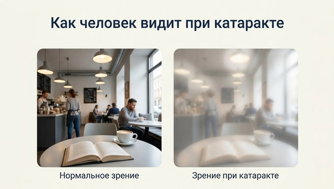 Зрение при катаракте: справа — как видит пациент при развитой катаракте, слева — зрение здорового человека | Источник: клиника микрохирургии «Глаз» имени академика С. Н. Федорова