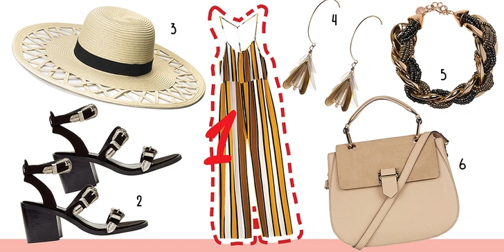 1. Комбинезон, Asos. 2. Босоножки, Asos. 3. Шляпа, Mango. 4. Серьги, Accessorize. 5. Колье, Gloria Jeans. 6. Сумка, Accessorize. 