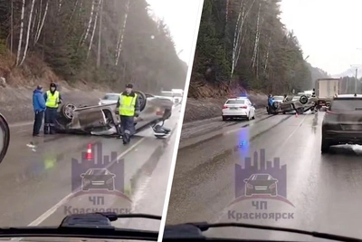 Легковушка перевернулась на трассе под Красноярском