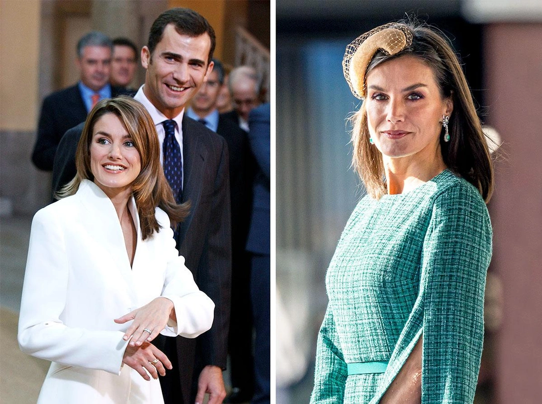 Филипп и Летиция в 2003; Летиция в 2024 | marieclaire.ru