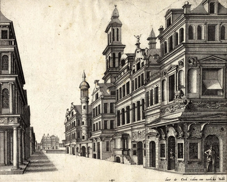 Иероним Кок с женой у дверей своей мастерской «Aux quatre vents» в Антверпене. Гравюра Яна и Лукаса ван Дютекумов по рисунку Ханса Вредемана де Вриса, 1560 | Источник: Частное собрание