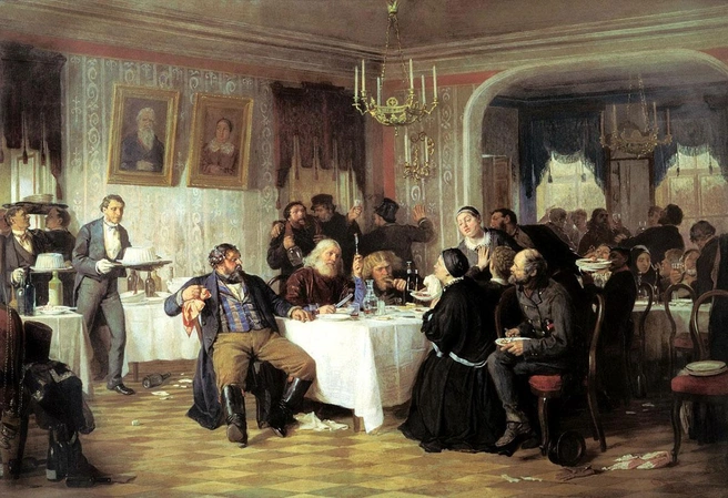 Сцена в ресторане, запечатленная художником | Источник: Фирс Журавлёв, «Купеческие поминки»
