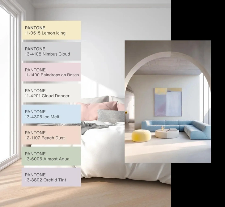 Варианты пастельных оттенков, которые Pantone рекомендует использовать с цветом года Cloud Dancer | Источник: Pantone
