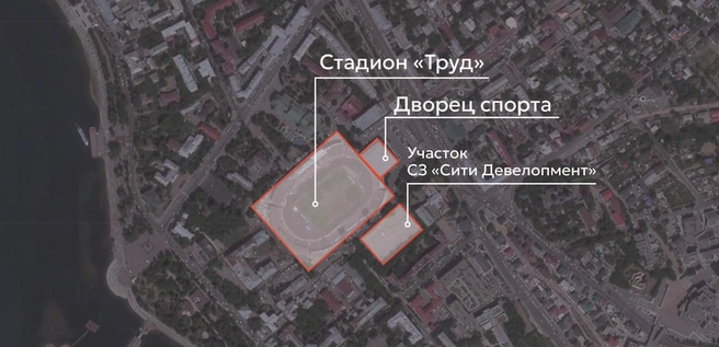 Стадион «Труд» и дворец спорта не попадают в пятно застройки, оно находится за восточной трибуной | Источник: презентация МДС