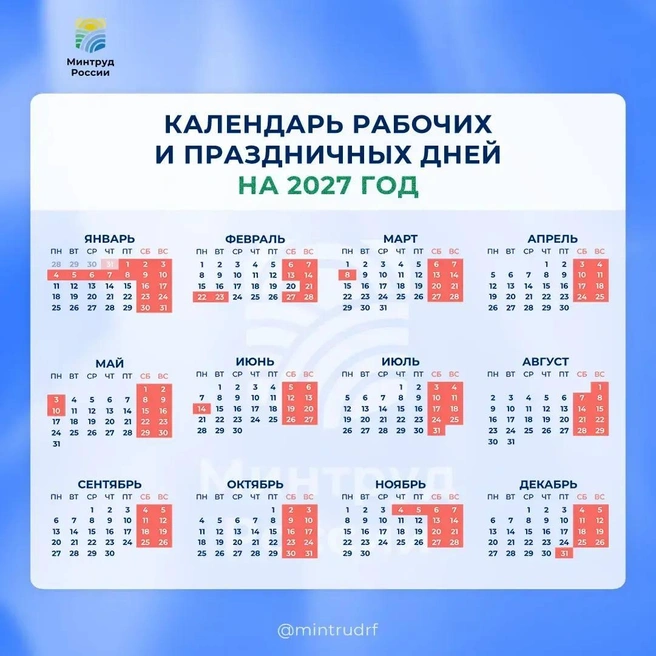Как будем отдыхать в 2027 году? Опубликован календарь рабочих и праздничных дней | Источник: Минтруд России