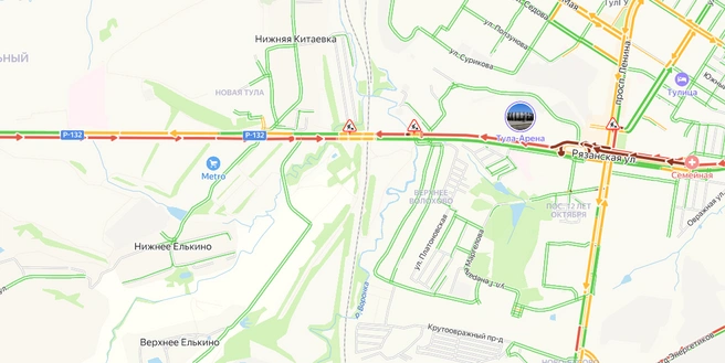 7-километровая пробка на Калужском шоссе в Туле | Источник: yandex.ru/maps