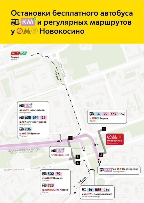 Схема остановок возле метро «Новокосино» | Источник: Дептранс.Оперативно / T.me