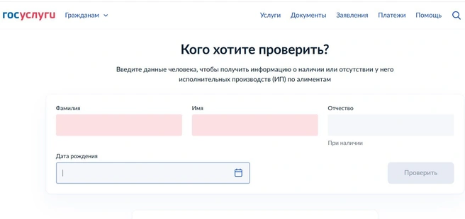 Чтобы проверить неплательщика, нужно заполнить поля с его данными | Источник: Портал Госуслуг / gosuslugi.ru