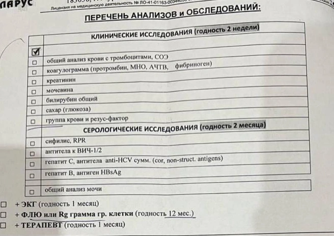 Список анализов и обследований | Источник: Александра Балаба / 51.RU