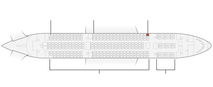 Самолет Boeing 787 вмещает максимум 256 пассажиров. Место 11А отмечено красным, перед ним размещена зона бизнес-класса | Источник: Seat Guru