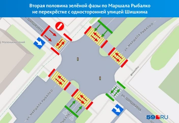 Но затем первым красный загорается для тех пешеходов, которые могли бы переходить свободную дорогу | Источник: «Яндекс Карты»; Кирилл Хафизов / 59.RU