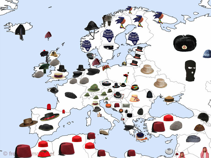 Карта с картинками: традиционные мужские шапки Европы