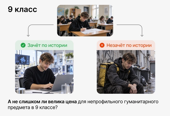 Для будущего специалиста технического профиля возникает еще один барьер в виде истории для продолжения обучения в профильном классе и вузе | Источник: Ирина Калмыкова