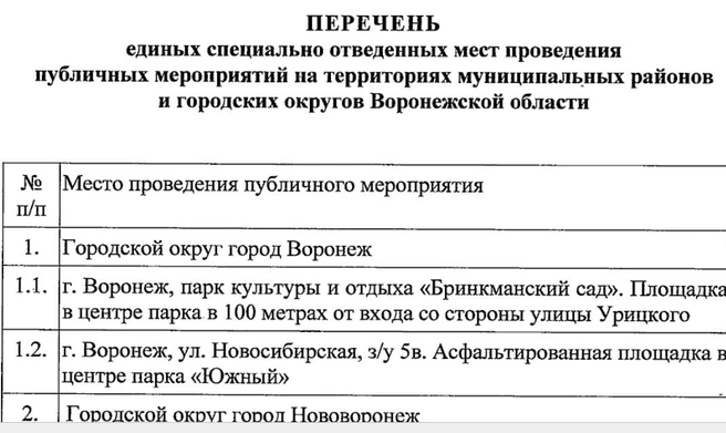 Если решите помитинговать, учтите, что в Воронеже это можно делать только в двух местах | Источник: стоп-кадр с сайта publication.pravo.gov.ru