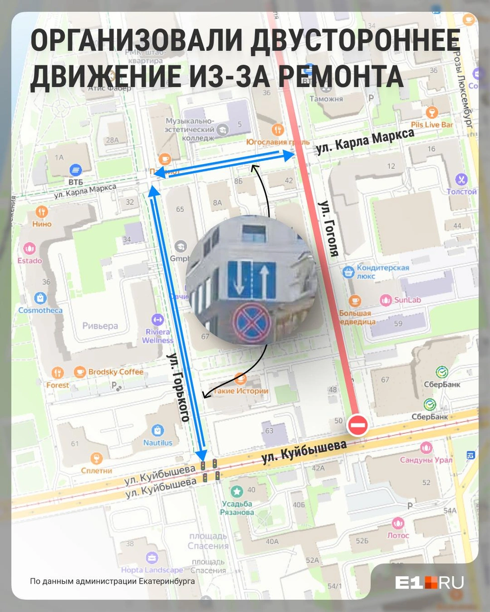 Так организовали проезд на время реконструкции улицы Гоголя | Источник: Филипп Сапегин / E1.RU