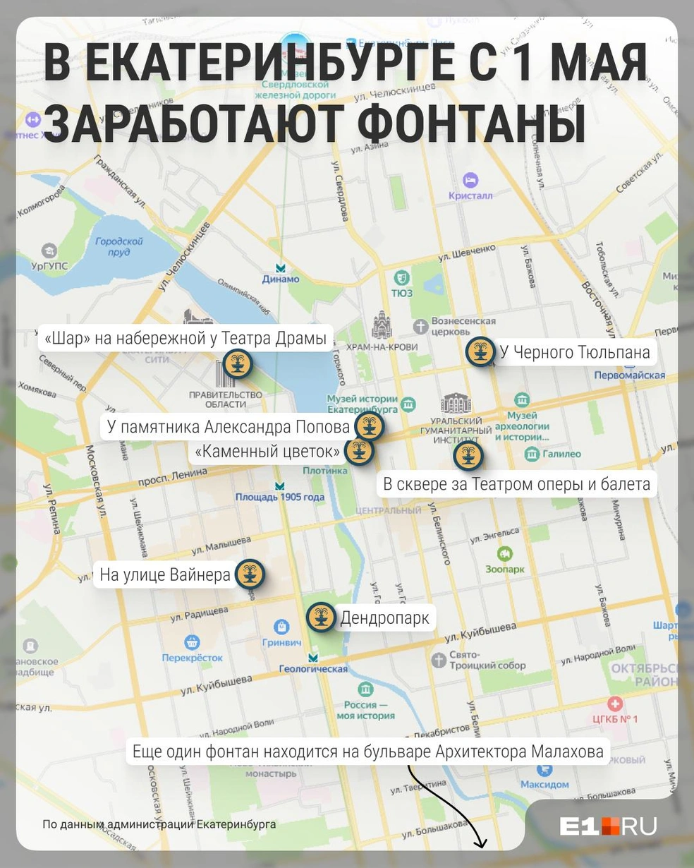 Собрали для вас карту самых популярных фонтанов в Екатеринбурге | Источник: Филипп Сапегин / E1.RU