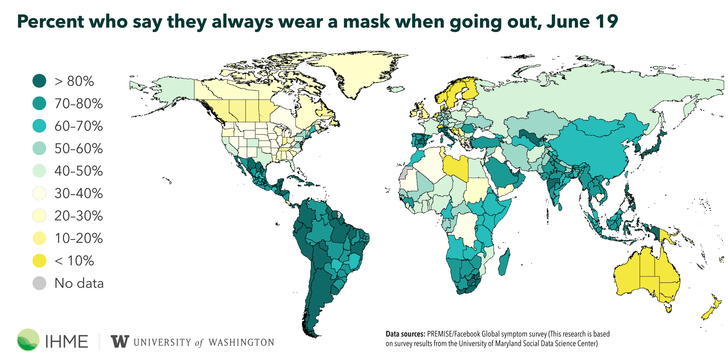 Карта: сколько людей продолжали носить маску в разных странах в июне?