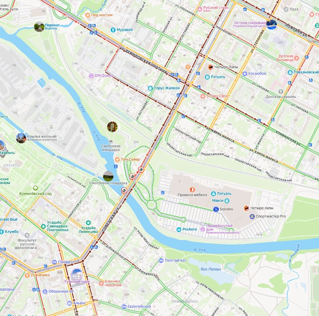 Пробка в районе ДТП и рядом | Источник: yandex.ru/maps