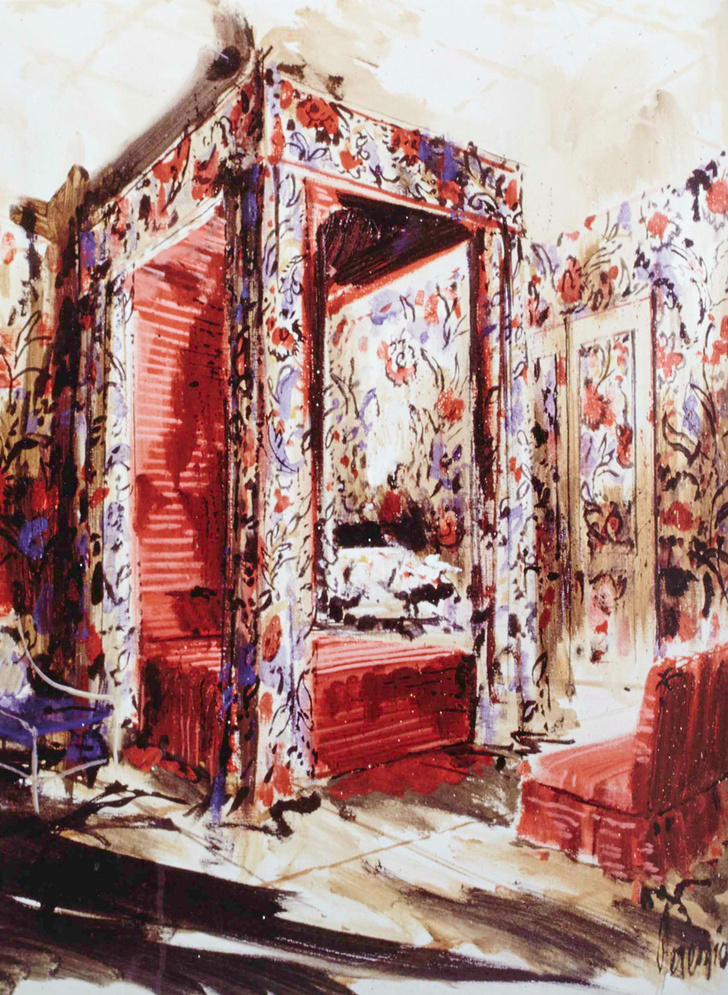 Спальня, оформленная Билли Болдуином, с характерным для него балдахином над кроватью. Рисунок Иеремии Гудмана.
