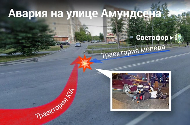 Легковушка и мопед столкнулись в нескольких десятках метрах от пешеходного перехода со светофорами | Источник: Филипп Сапегин / E1.RU, Google. Maps
